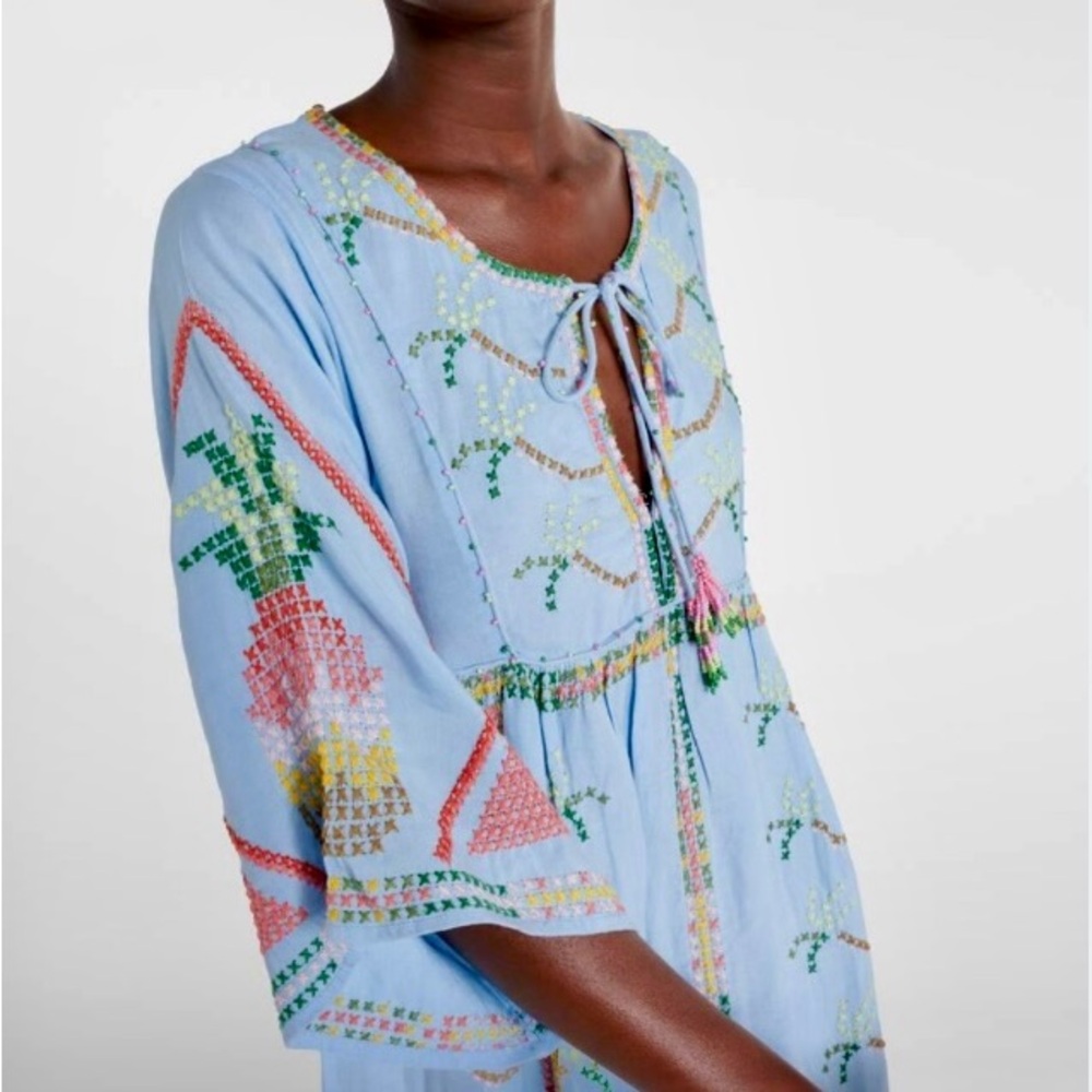 NEW FARM Rio Embroidered Pineapple Maxi Dress Beaded Tassel Linen Blue Size M - Picture 5 of 16